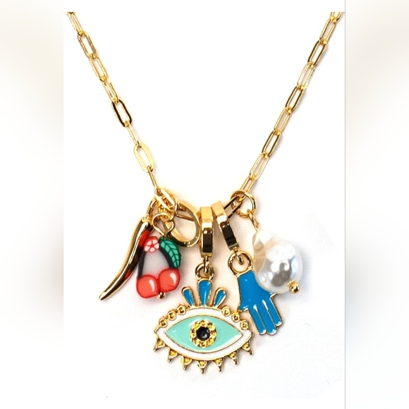 Jewelry - Pendant Necklace With Italian Horn Evil Eye Hand and Foot Pearls